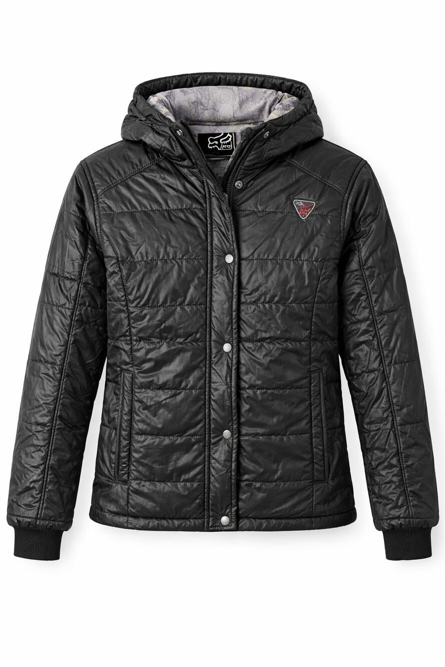 Fox Women's Black Quilted Hooded Jacket Mid-Length Full Zip Button Size M